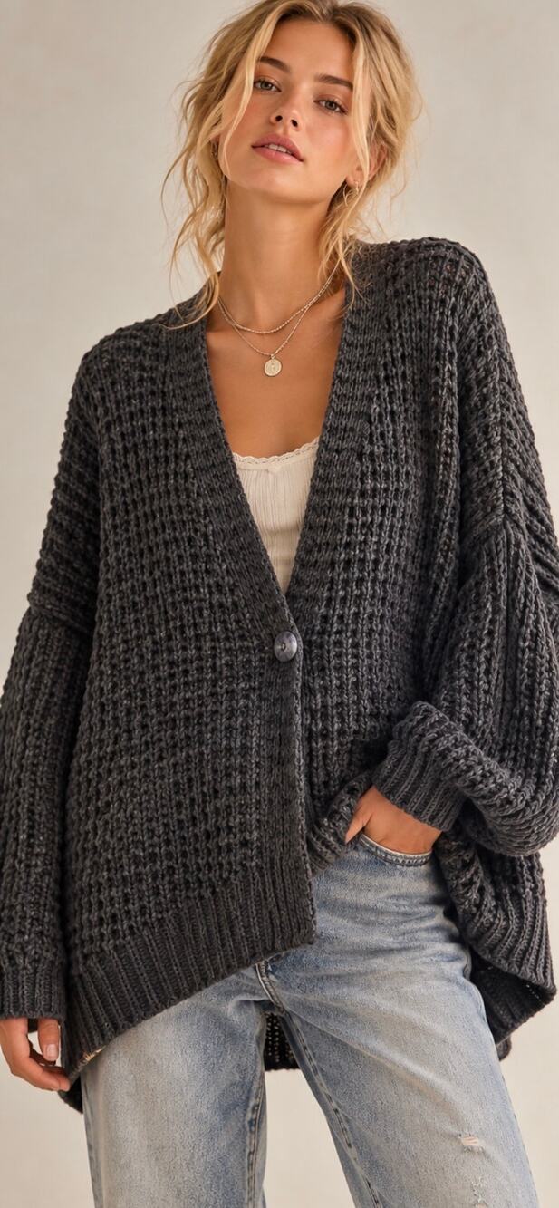 Free People Charcoal Gray Oversized Waffle Knit Slouchy Cardigan M
